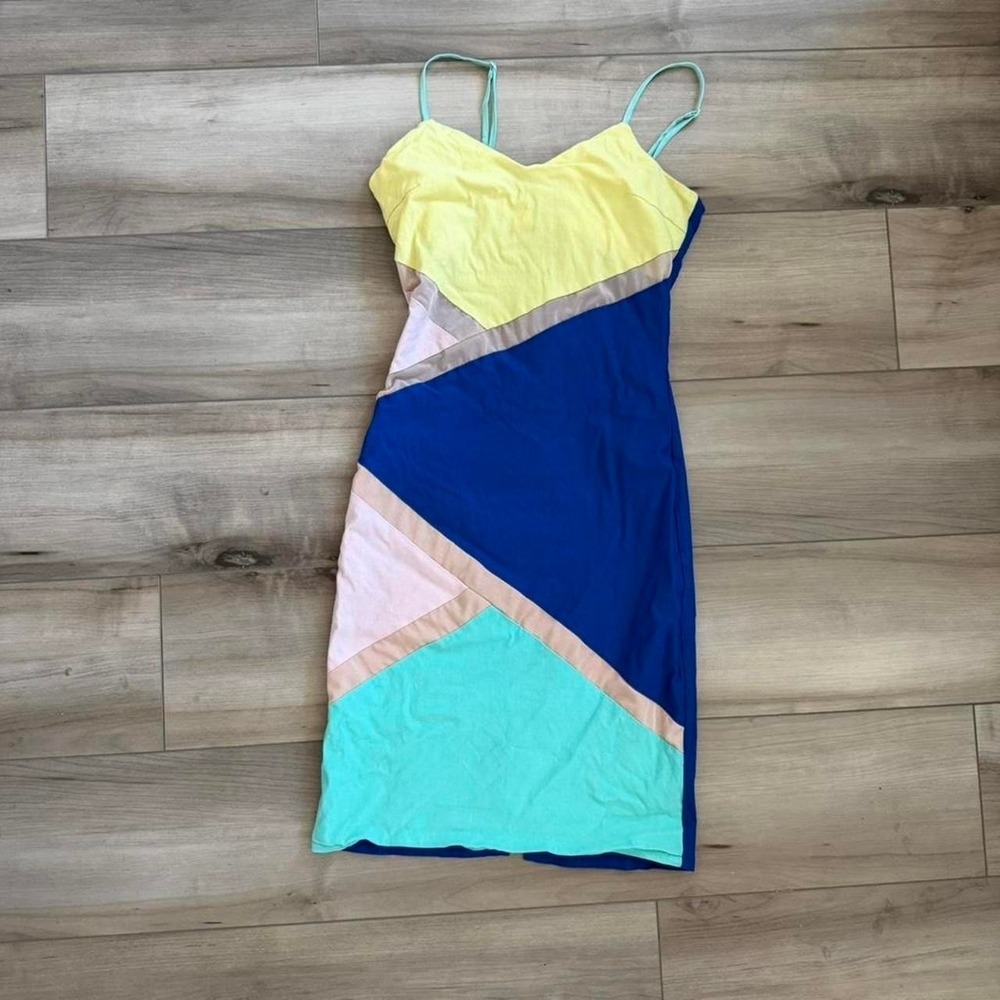 Y2K blue, yellow, and pink geometric color block dress with a slit sz SM